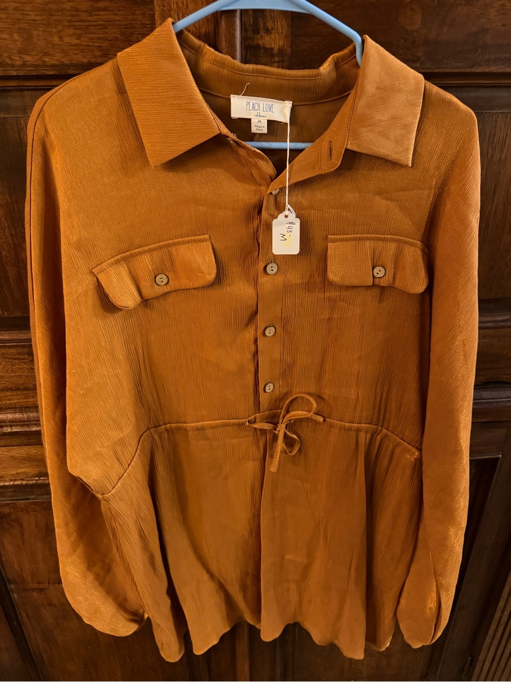 Peach Love Carmel Brown Drawstring Button Up Blouse Med NWT